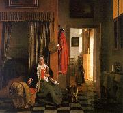 Pieter de Hooch Mother Lacing her Bodice Beside a Cradle Germany oil painting reproduction